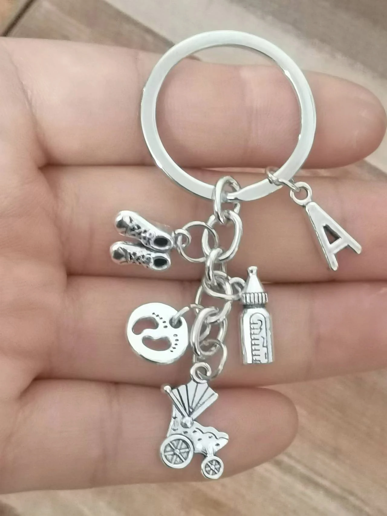 26 Letters, Cute Baby Stroller Baby Bottle Key Chain, Baby Anniversary Baptism Gift