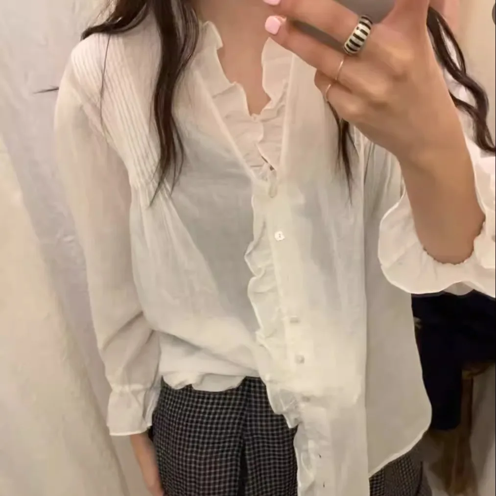 

Retro Folded V-Ne irt Women's Loose Fit Cotton Casual Sle Seven Sve Length Dongda Gate via Plain