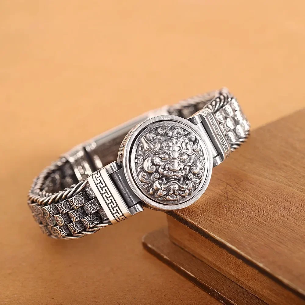 New Silver Color Men Bracelet Large and Domineering Beast Gluttonous Pixiu Tide Men's Retro Woven Men's Bracelet Jewelry