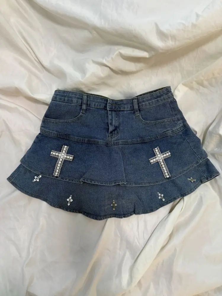 Y2K Subculture Washed High Waist Denim Mini Skirt Women Cross Patchwork Irregular Plaid Ruffle Hem Slim Fit Bodycon Sexy Party