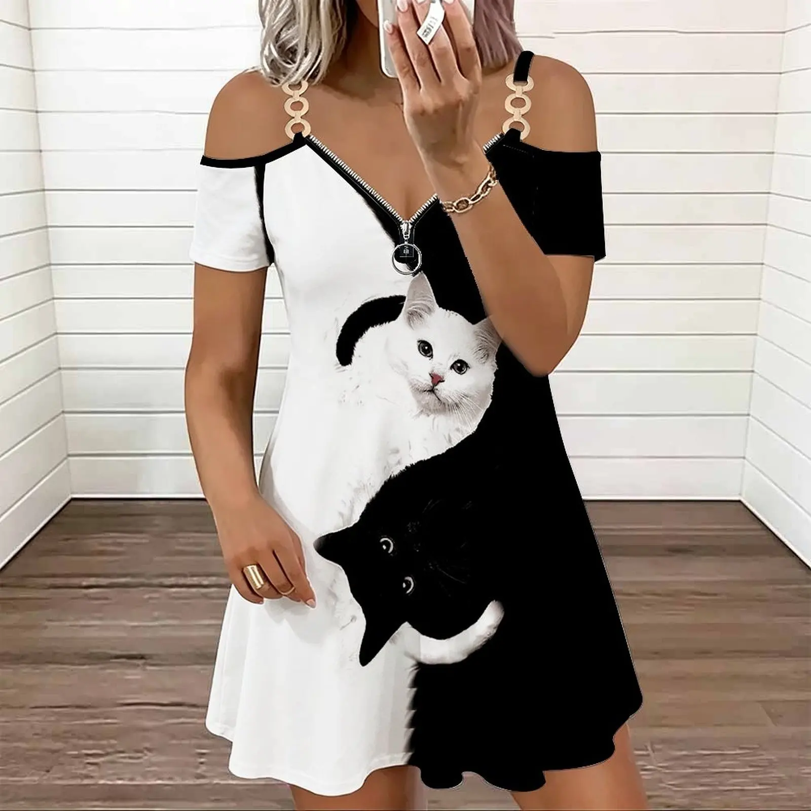 Summer Sexy Dress  Women's Commuting  Slim Skirt Ladies Round-neck Print Cold‑shoulder Double Strap V‑neck Zipper Dress