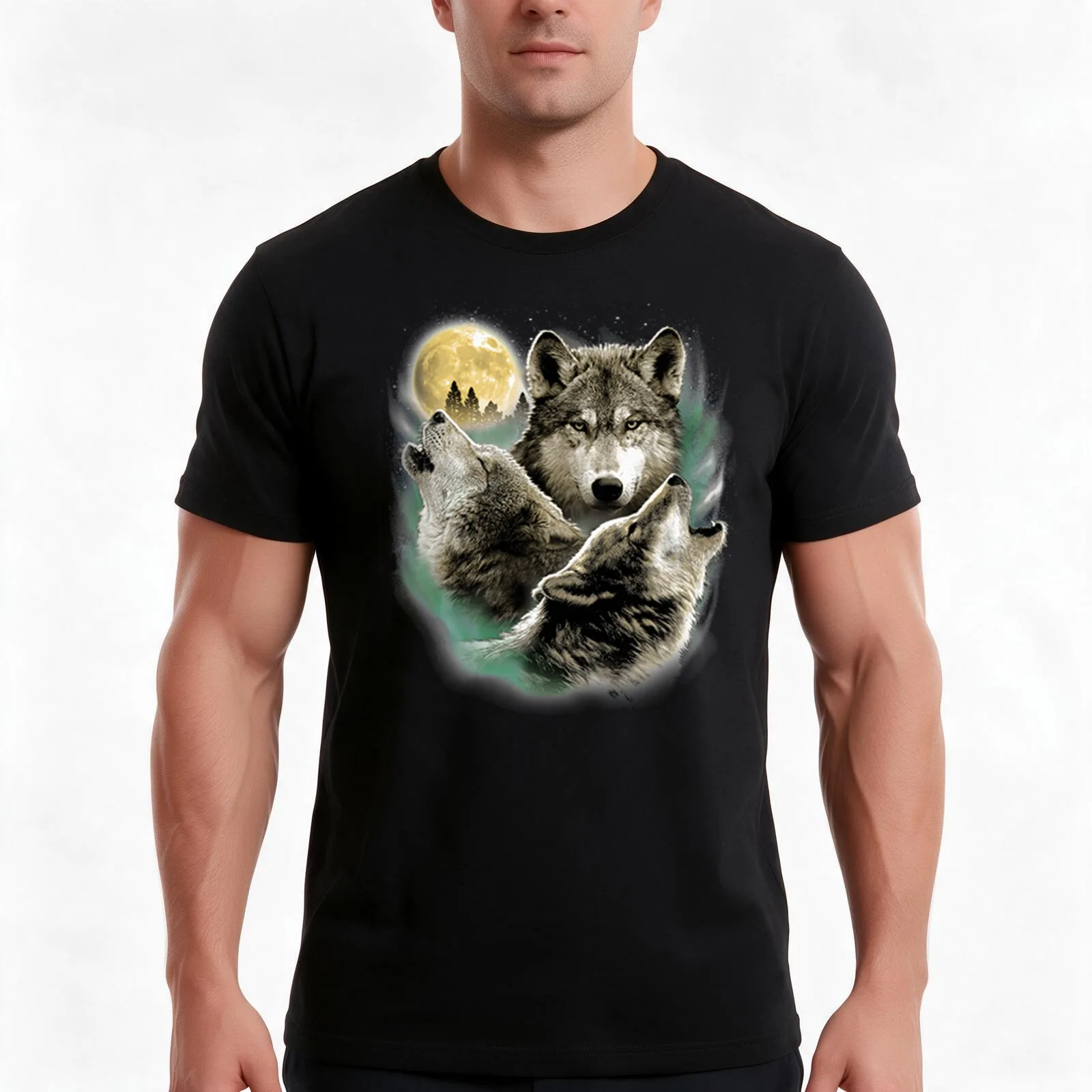 Three Wolves Howling in Moonlight T-Shirt Summer Casual Cotton Tee Oversized Streetwear Tops Vintage Graphic Print