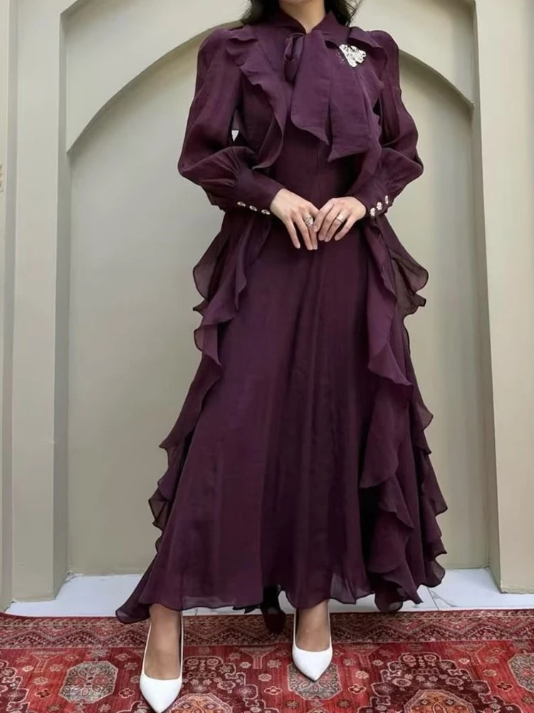 레트로 솔리드 컬러 우아한 허리끈 드레스 2025 가을 여성 신상 패션 긴팔 불규칙 러플 여성 루즈 드레스
