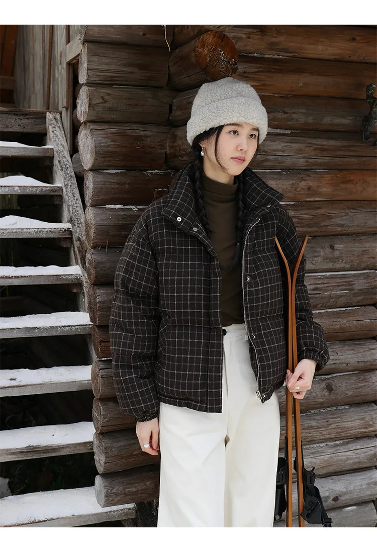 Winter women's casual solid color retro plaid warm bread down jacket