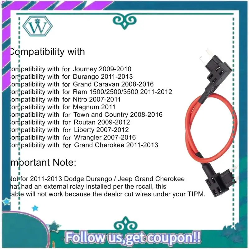 كابل تجاوز AA92-TIPM، محول فيوز حامل فيوز، كابل تجاوز مرحل مضخة الوقود لقطع غيار دودج رام جيب كرايسلر VW CBWPR0