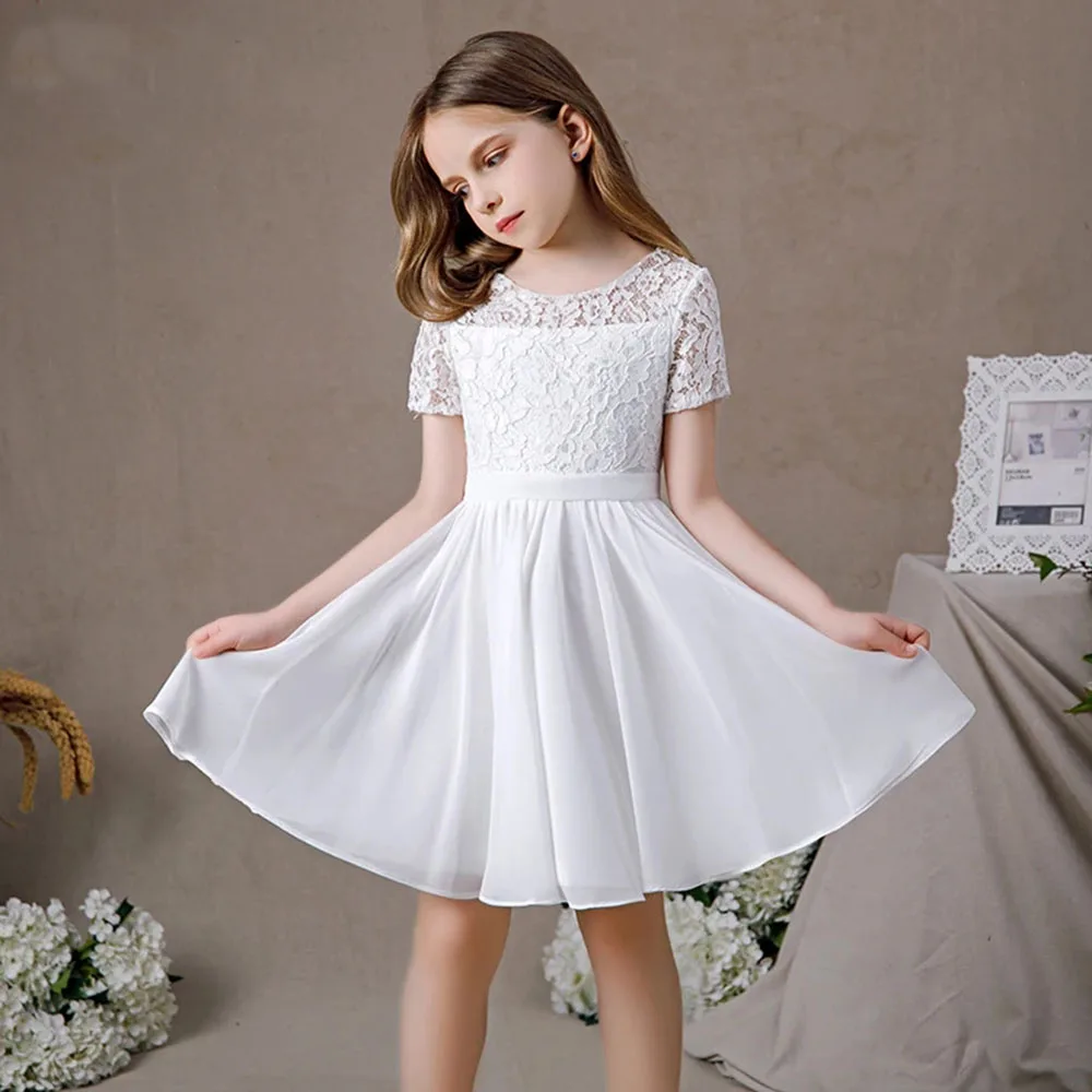 KYDYNQJ Short Sleeve Lace Chiffon Flower Girls Gown First Communion O Neck Knee Length A Line Junior Bridesmaid Dress