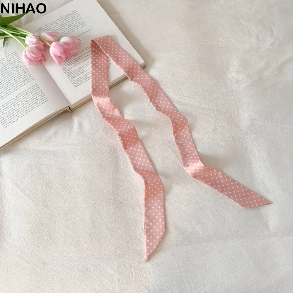 

Simple Bow Ties Long Silk Scarf Printed Ice Cream Plaid Scarf Floral Hair Band Long Ribbon Scarves Female