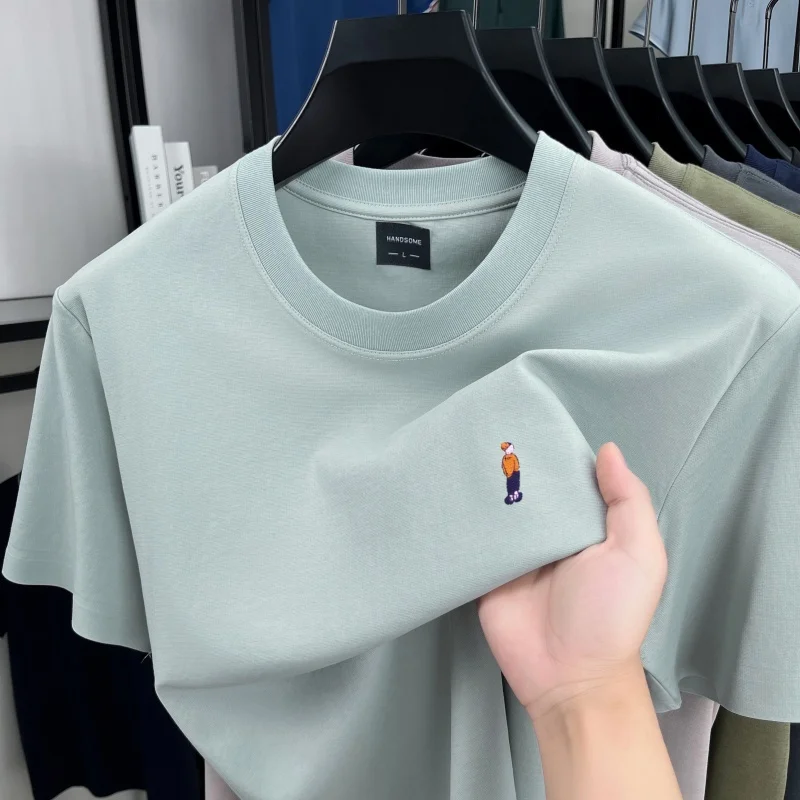 Light luxury brand short sleeve men's T-shirt casual round neck ice silk cotton summer breathable new fashion embroidered top