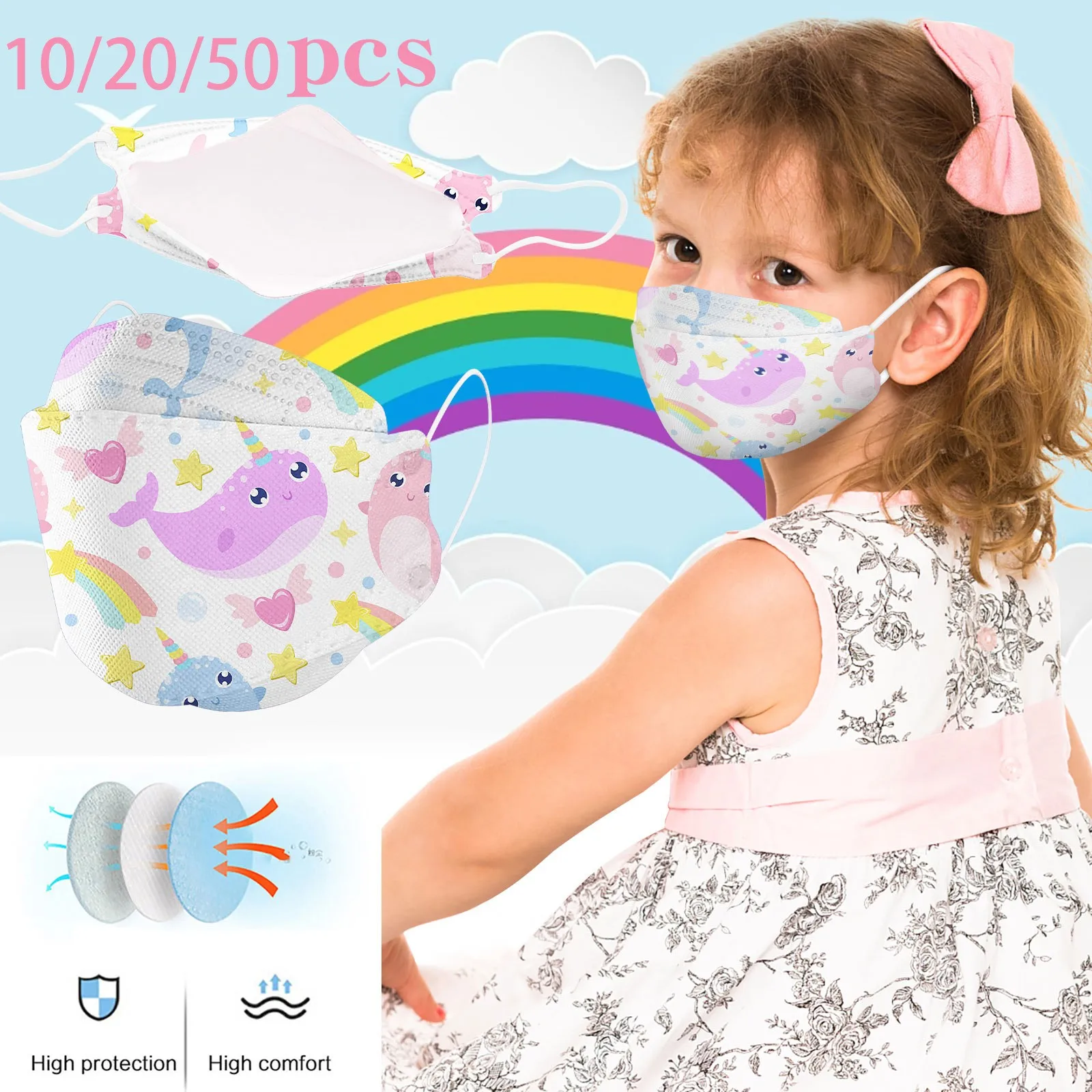 Kids Cartoon Print Face Mask 50pcs Children Cute Whale Rainbow High Protection Comfortable Breathable 2026 Daily Outdoor T1