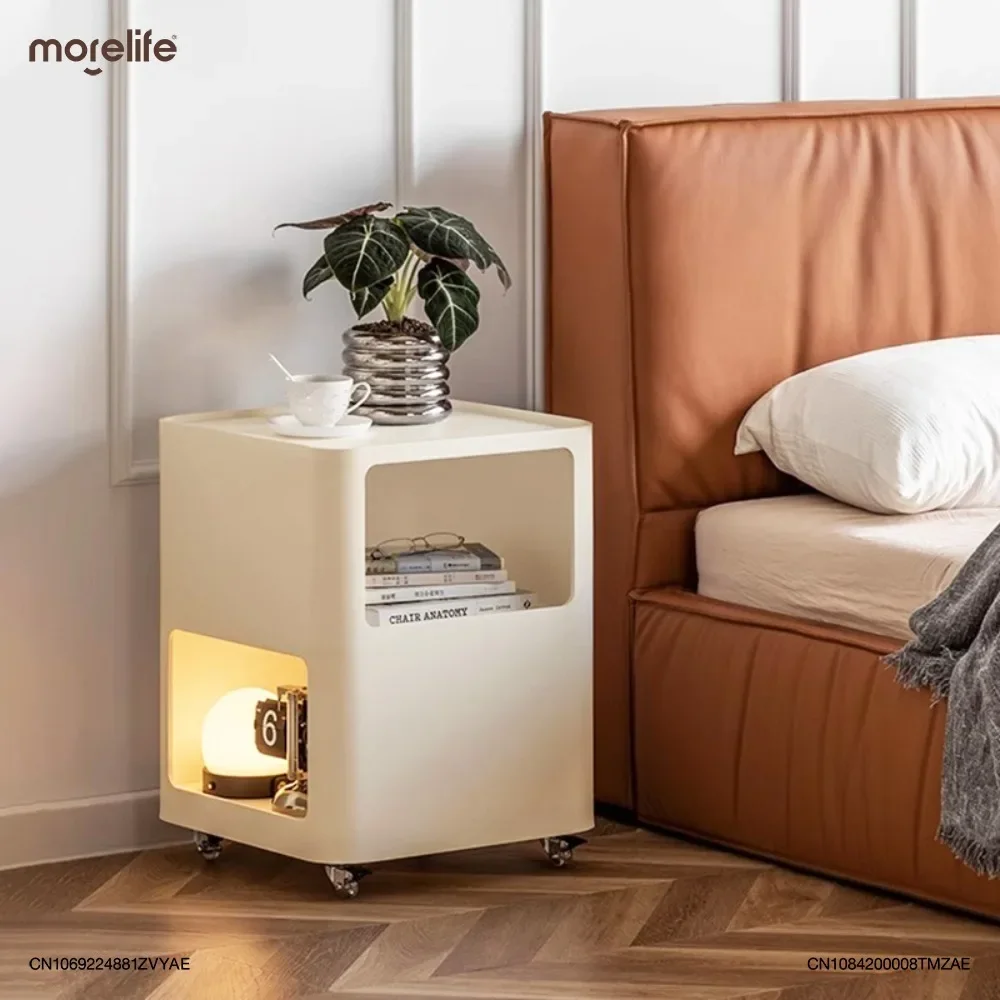 

Cream Style Bedside Table Modern Simple Movable Iron Wheels Bedroom Storage Cabinet Creative Sofa Side Cabinets Nightstands K01