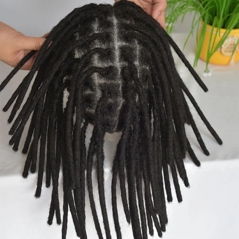 Full French Lace Base Afro Dreadlock Toupee para homens, cor preta, cabelo humano europeu, cabelo do sistema, prótese para perucas, 12"