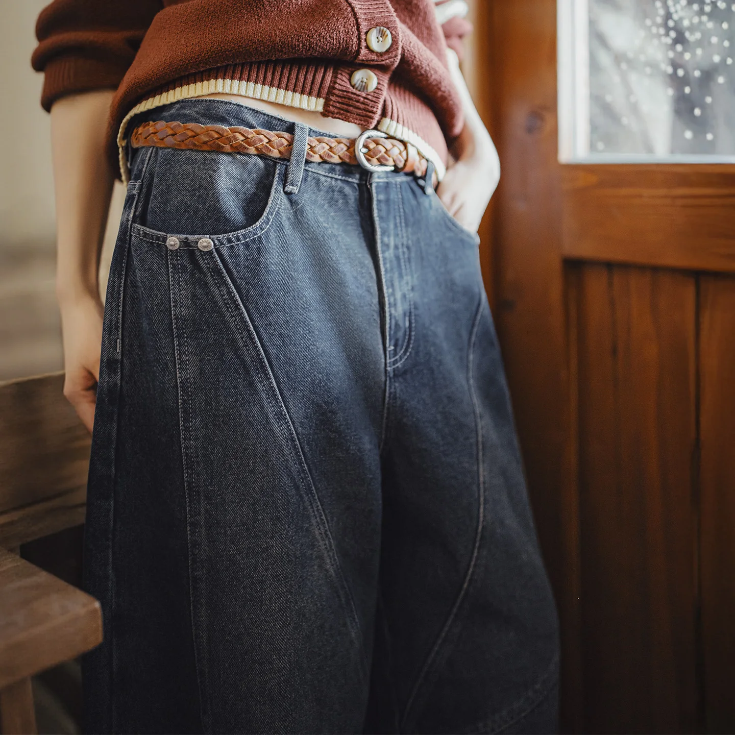 

Maden Women's Vintage 15oz Denim Cargo Pants Patchwork Wide Leg Jeans Loose Fit YKK Zipper Workwear Casual Trousers for Autumn