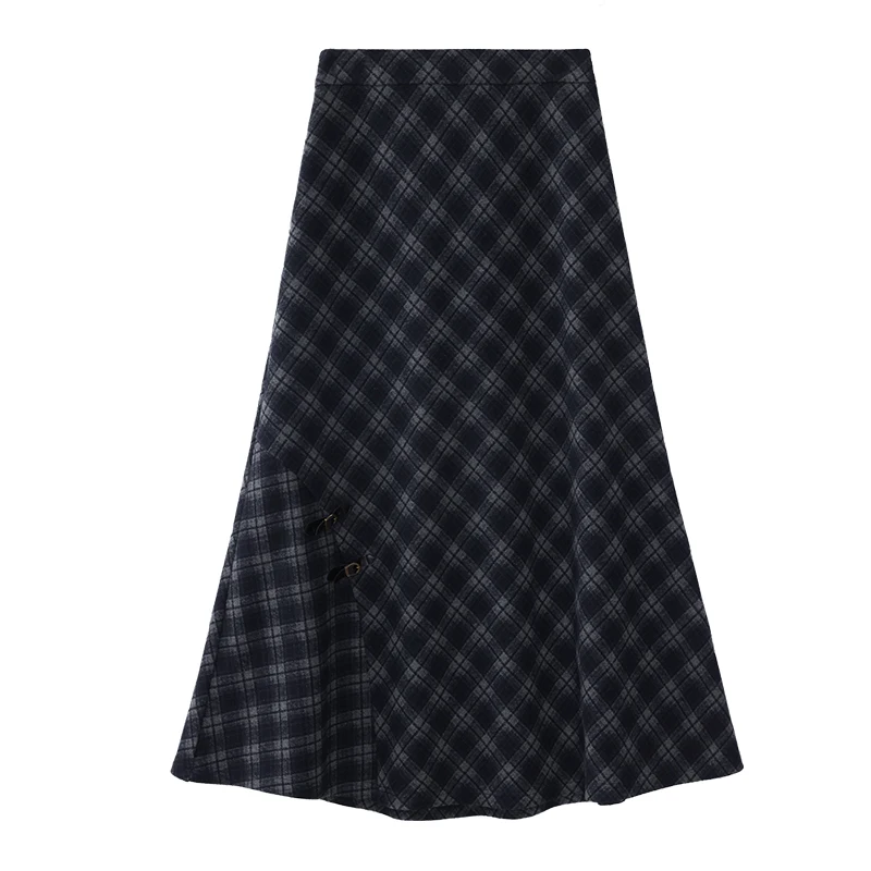 ALXNAN jupe à carreaux automne hiver rétro boutons en métal grand ourlet taille haute jupes élégance doux polyvalent vêtements pour femmes L58628