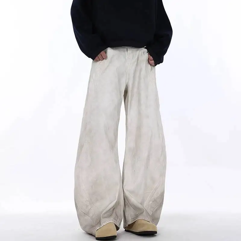 American Men Curved-knife Jeans Washed White Tie-Dyed Deconstructed New Loose Wide Leg Denim Pants Trend Women Baggy 9WVT3D - view 4