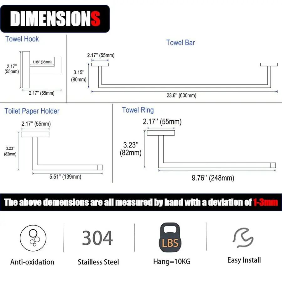 مجموعة الأجهزة 10 قطع من إكسسوارات الحمام المصنوعة من النيكل المصقول SUS304 مجموعة شريط المناشف تتضمن شريط منشفة 2 حامل منشفة 24 بوصة 2 T