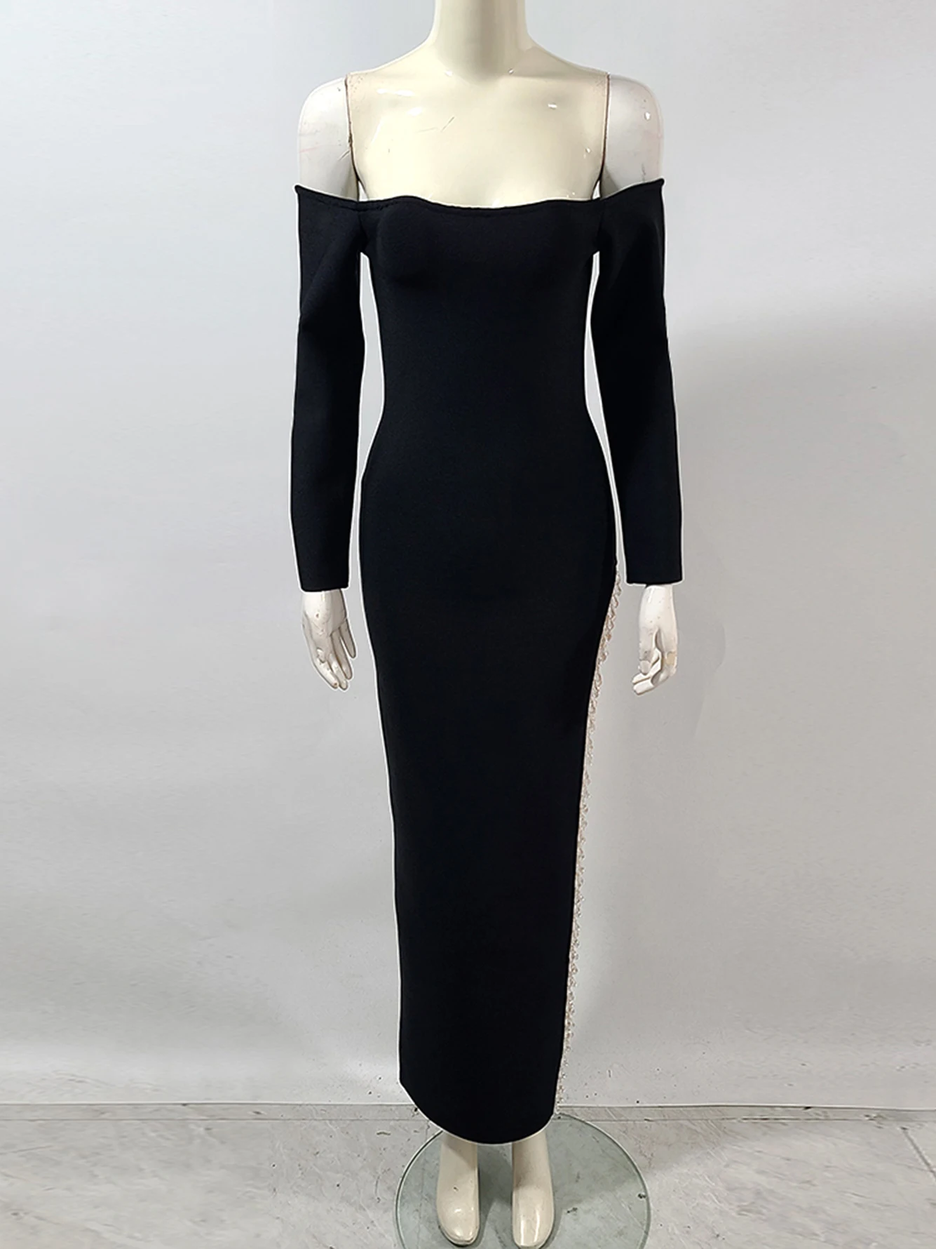 Alta qualidade feminino preto sexy fora do ombro manga comprida malha, diamante cristal bandagem vestido longo elegante celebridade vestido de festa