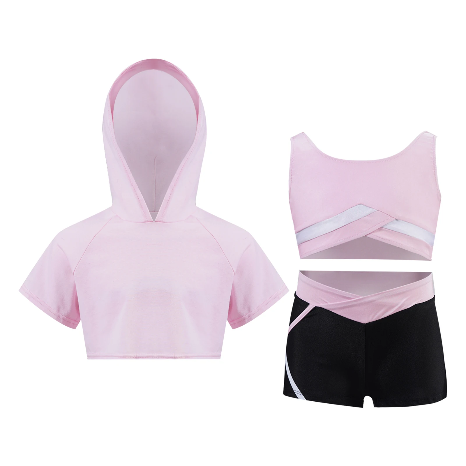 Kids Girls Sports Set Short Sleeve Cropped Hoodie Sleeveless Vest Shorts Tracksuit Children\'s Sportwear Workout Fitness Suits