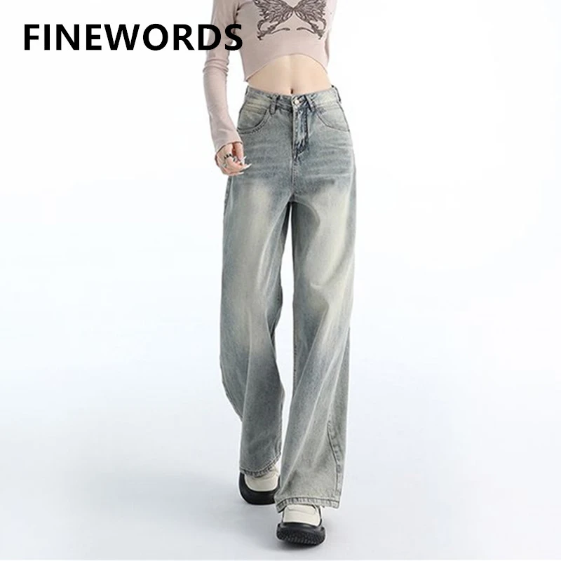 FINEWORDS جينز كوري غير رسمي عالي الخصر عتيق للنساء ملابس خروج واسعة الساق جان Easymatch كامل الطول سروال دينم فضفاض فاسق