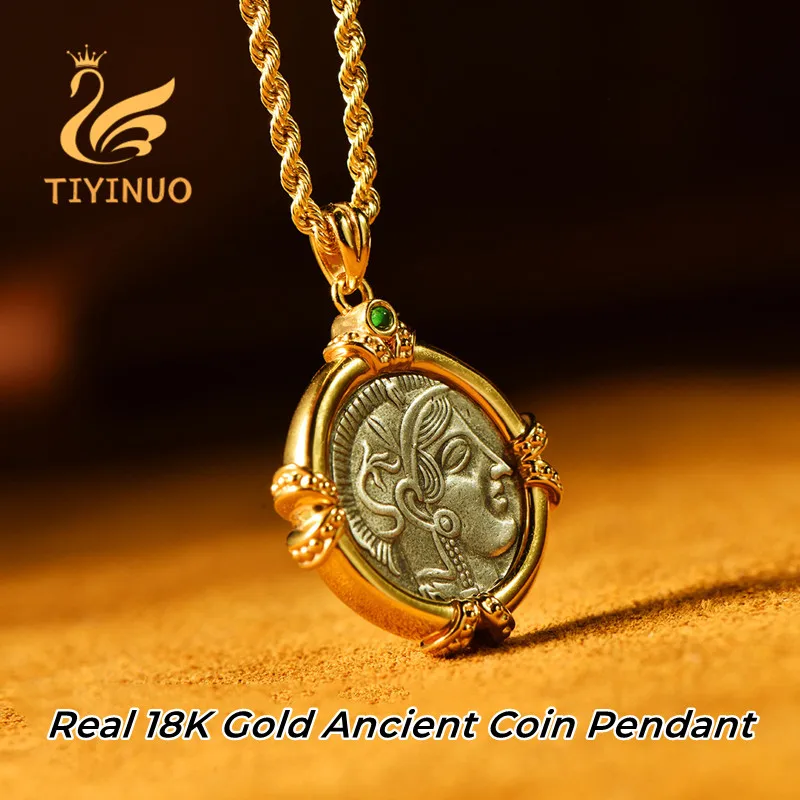 

TIYINUO Authentic AU750 Real 18K Gold Ancient Coin Athena Owl Pendant Twisted Rope Necklace Delicate Gift For Woman Fine Jewelry