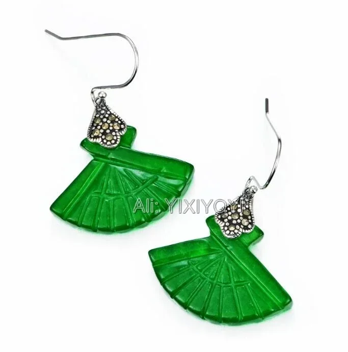 925 Silver Green Jade Fans Dress Style Dangle Earring Retro Real Silver Lucky Earrings for Woman Charming Girl Gift  Jewelry