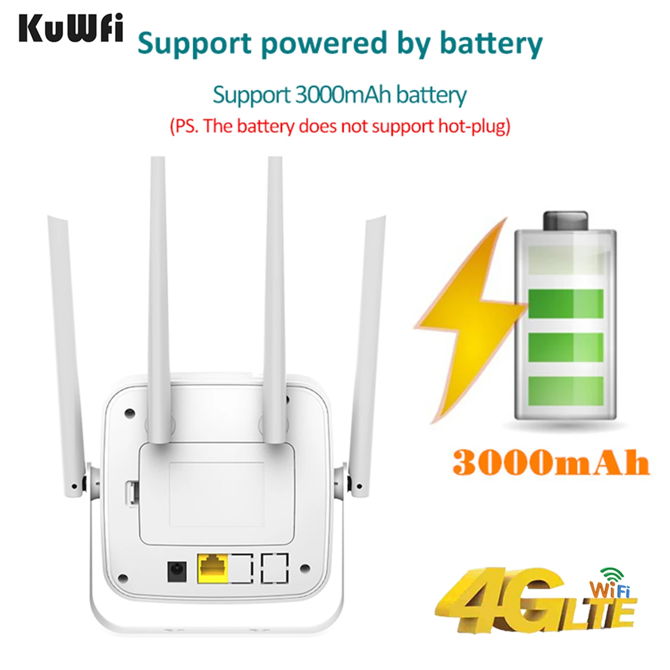 KuWFi 4G LTE Router 3000mAh Wi-Fi Router 150Mbps CAT4 Wireless CPE Router with RJ45 Port Sim Card Slot Wi-fi Hotspot 4 Antenna