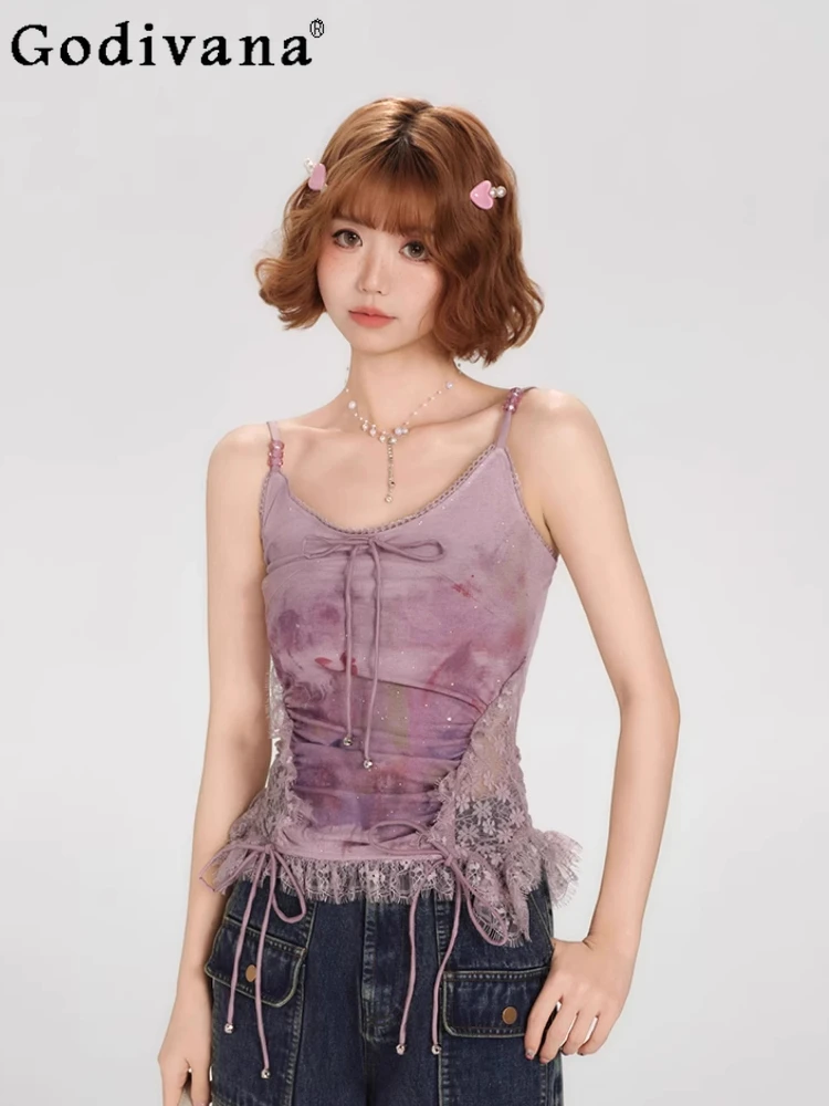 

Summer New American Sexy Purple Girls Fashion Lace Splicing Sling Vest Chic Print Slim Sweet Versatile Age-reducing Lace-up Top