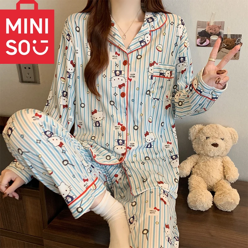 

Hello Kitty and Striped Women's Pajama Set Autumn Winter Long Sleeve Top and Pants Homewear Sweet Y2K Cute Sleepwear 2 Piece Set