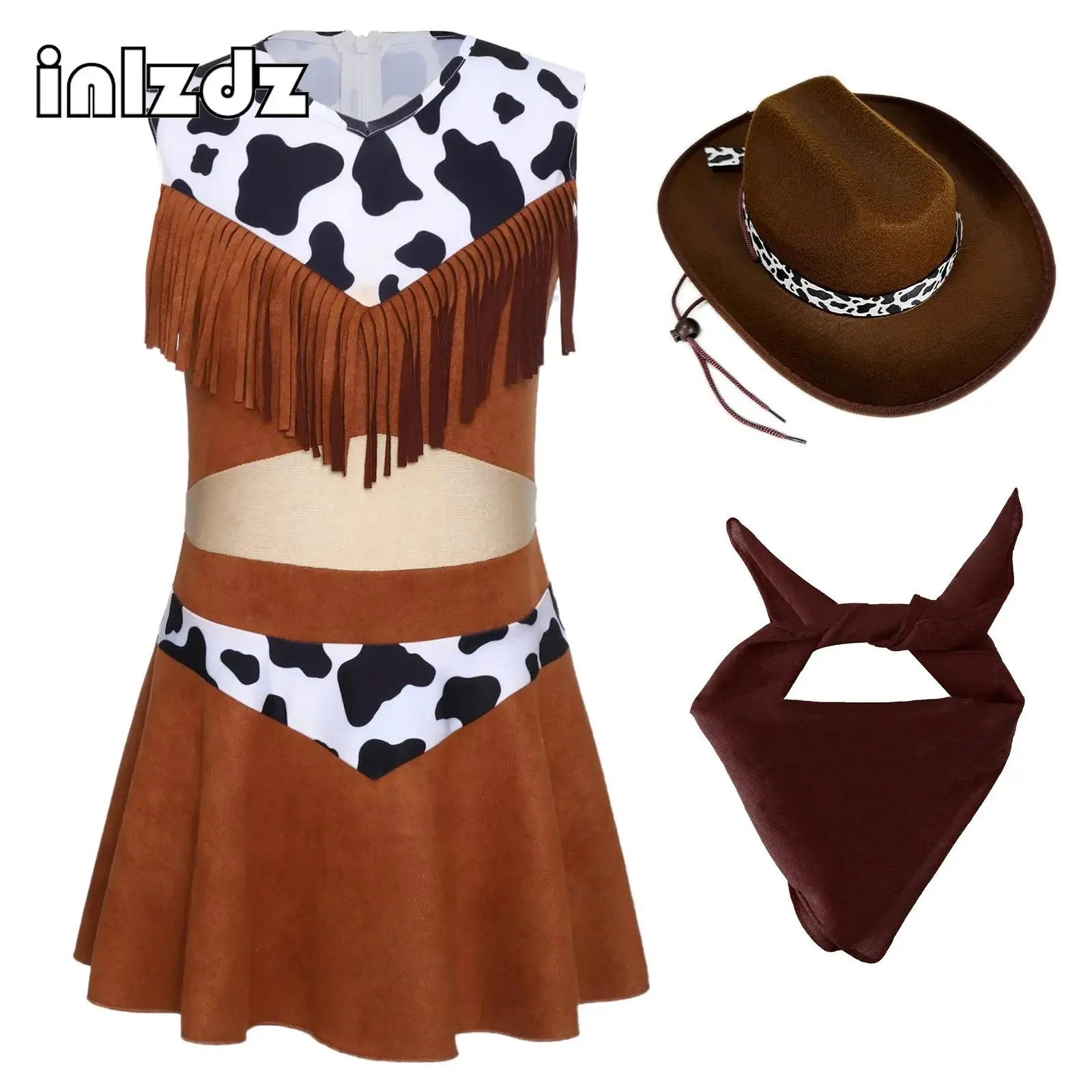 

Girl Halloween Dress Up Cowgirl Costume Sleeveless Chest Tassels A-Line Dress+Cow Hat+Bandana Set for Carnival Performance Party