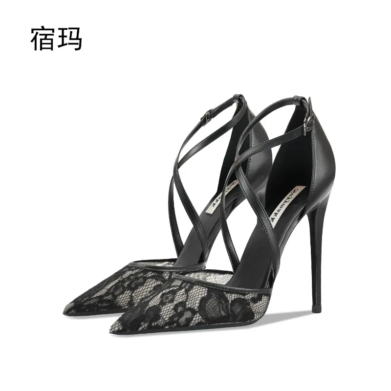 

Black lace high-heeled sandals for women, new pointed, shallow mouth,slim heel,versatile,stylish and sexy commuting single shoes