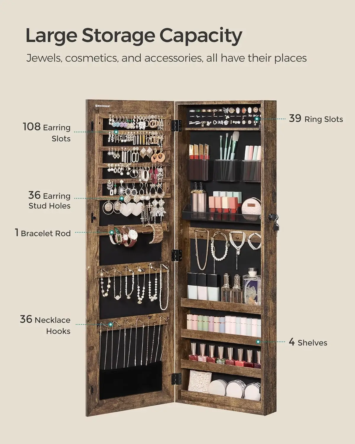 خزانة المجوهرات، وحدة تنظيم التخزين المثبتة على الحائط مع صريحتين لمستحضرات التجميل البلاستيكية، بدون إطار بطول كامل #3