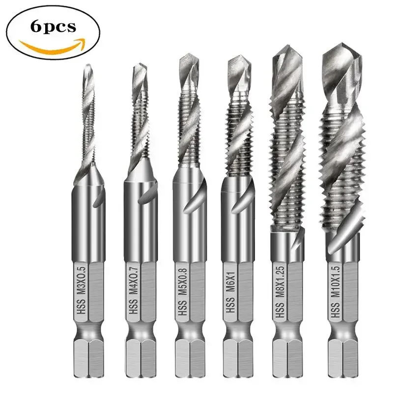 Tap Drill Bit Sets Hex Shank Titanium Plated HSS Screw Thread Bit Screw Machine Compound Tap M3 M4 M5 M6 M8 M10 Hand Tools