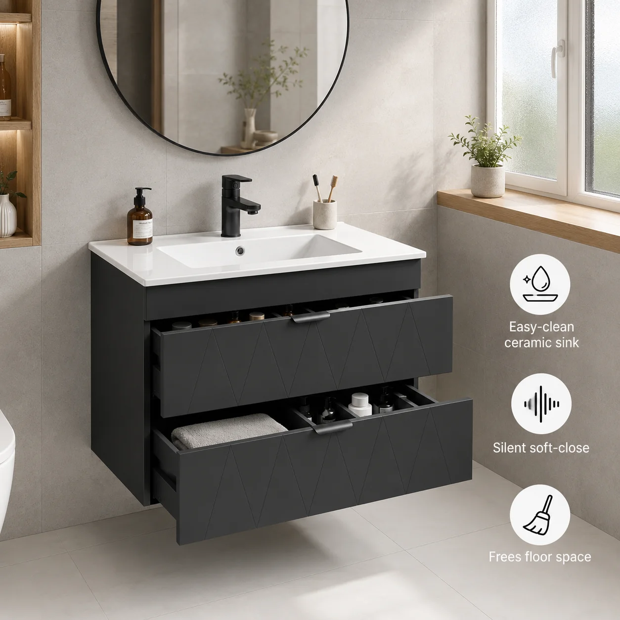 Wandmontierter Badezimmerschrank mit Keramikwaschbecken, 2 Soft-Close-Schubladen, Mattschwarz-Finish, Platzsparendes Design für Kleine Badezimmer