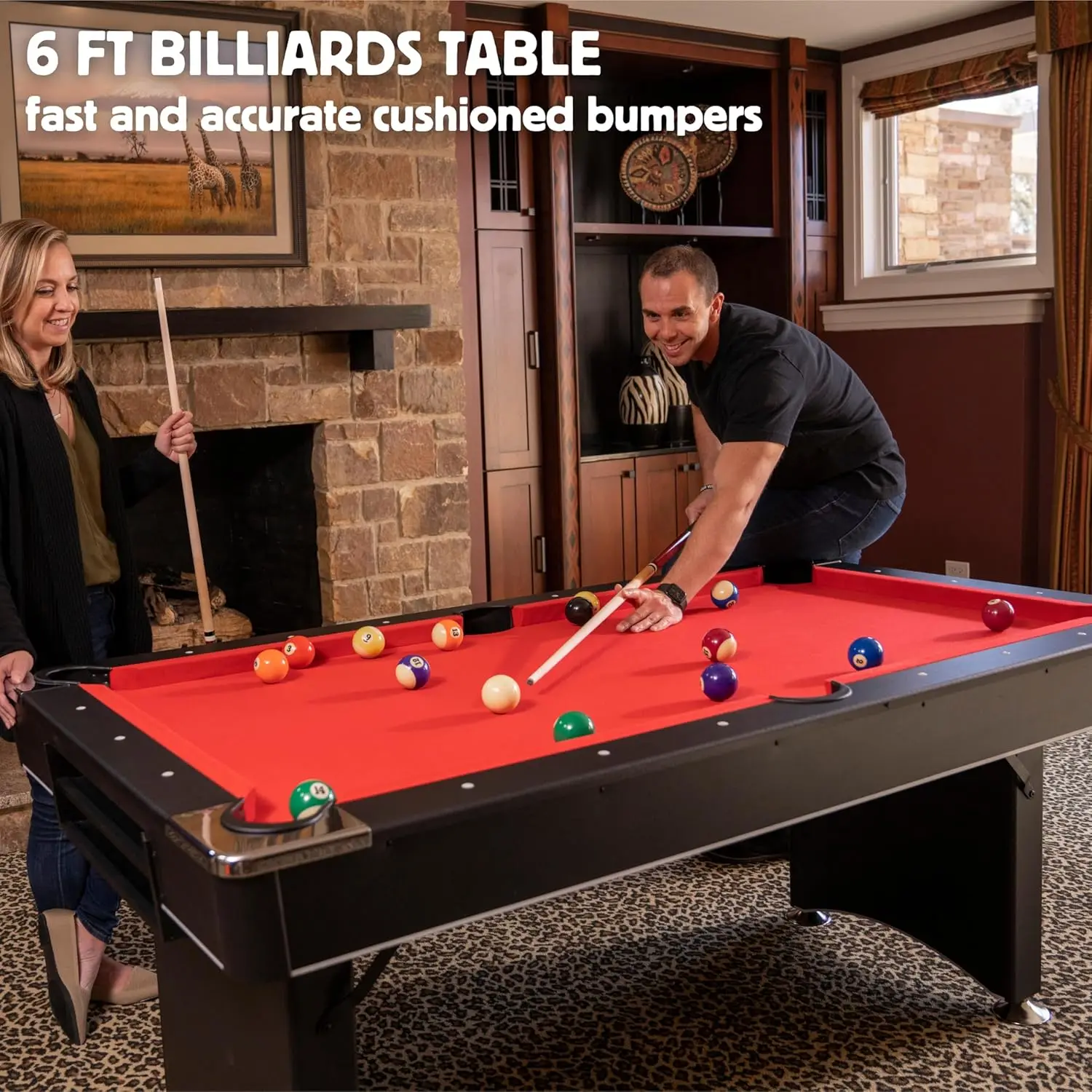 6 FT Table. Includes Billiard Tables Accessories- 2 Pool Cues, Set of Pool Table Balls, Triangle, Pool Table Brush, Chalk,