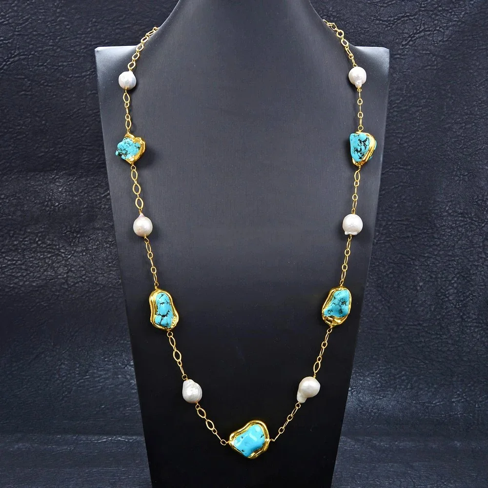 

32" White Keshi Pearl Blue Turquoise Stone Yellow Golden Plated Long Necklace