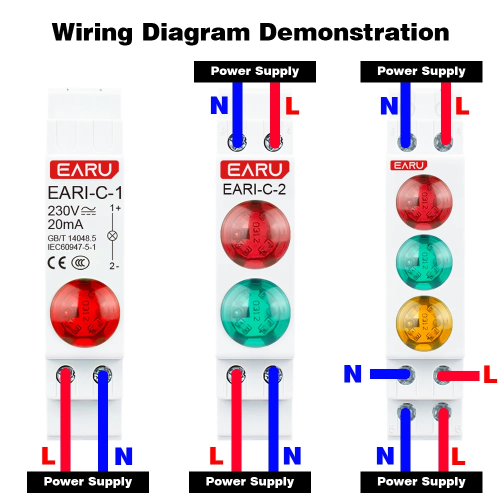 18mm Rail Indicator Light AC DC 220V 230V LED Dual Color Signal Light Tri Color Indicator Light 50/60Hz Light Red Green Blue