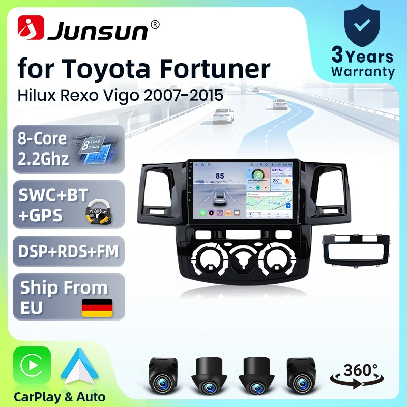 Systèmes stéréo intelligents pour autoradio Junsun 9 pouces pour Toyota Fortuner Hilux Revo Vigo 2007-2015, caméra 360°, Android 15, CarPlay sans fil, commande vocale IA, écran tactile IPS, lecteur vidéo multimédia intelligent, autoradio 2 DIN, GPS, Mirror Link, Bluetooth, DSP