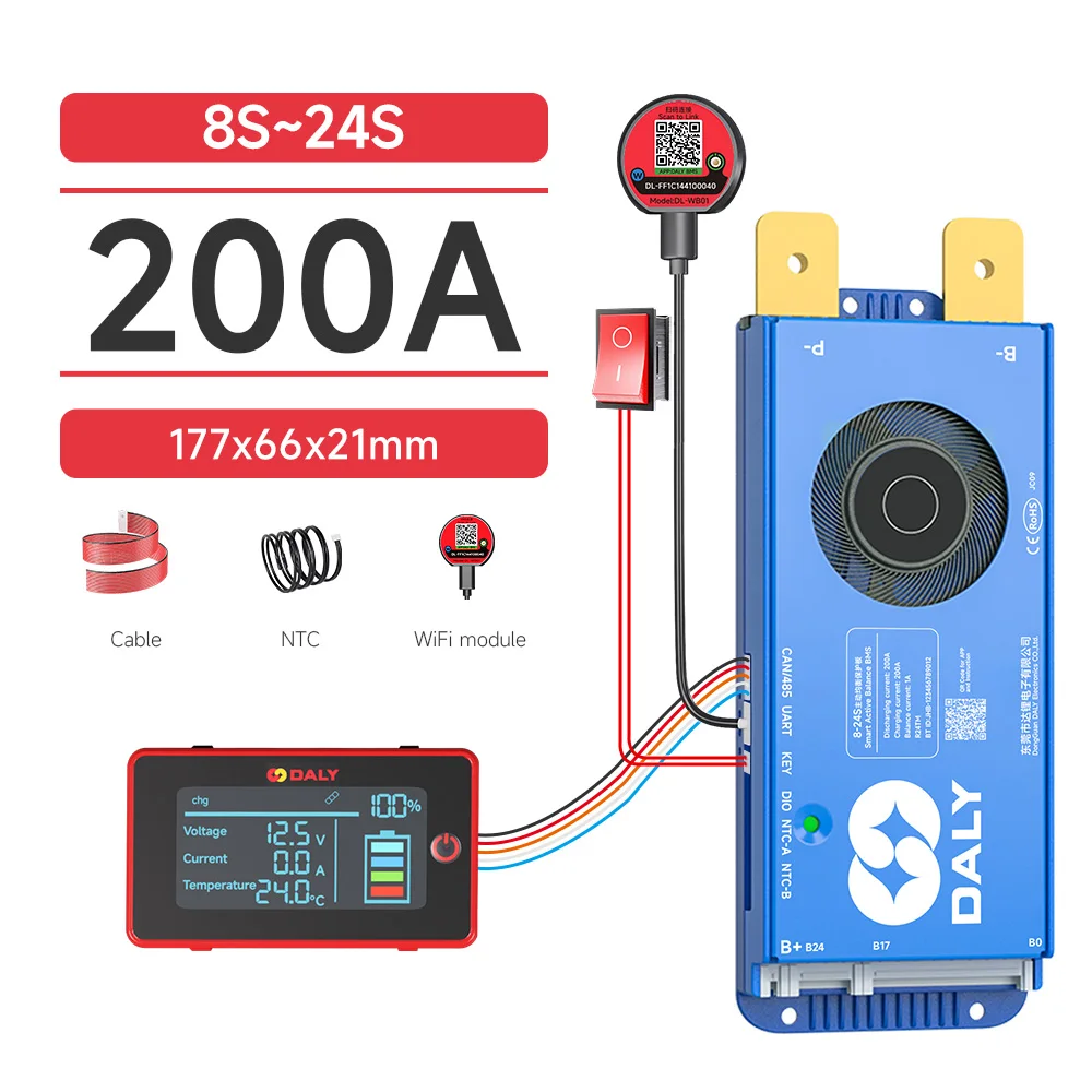 DALY Smart BMS 4S 8S 16S 40A 60A 100A 150A 200A 12V 24V 48V LiFePo4 1A Actieve Balancer BMS met LCD RS485 UART WIFI KEY