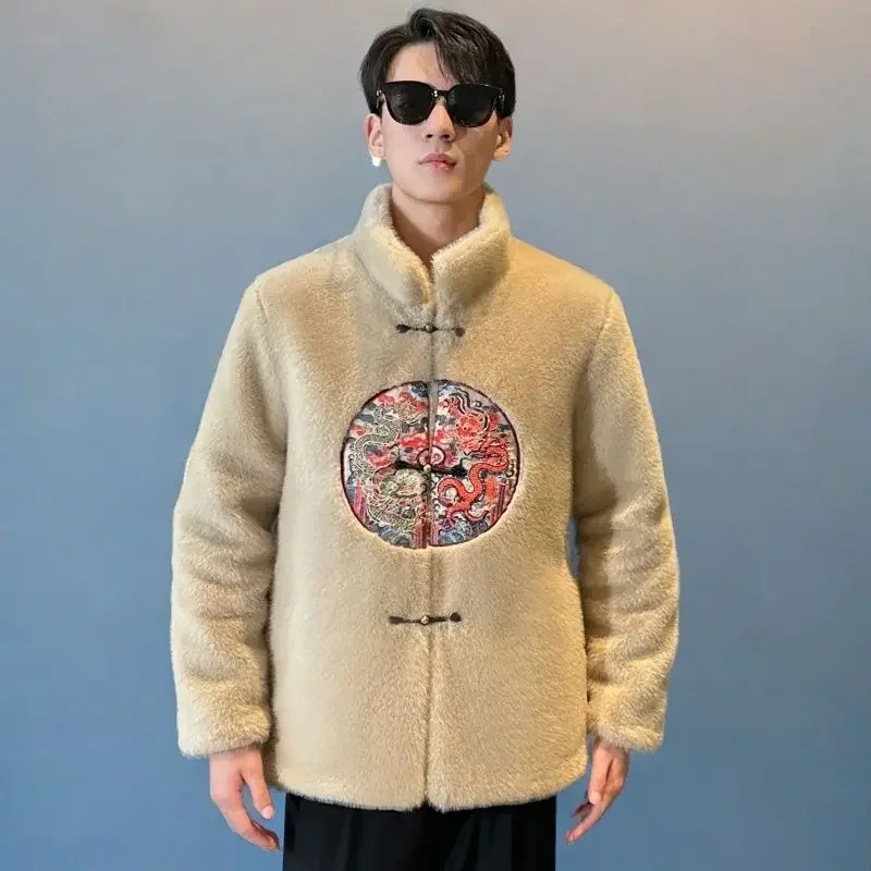 Winter Fur Jacket Embroidery Men's Clothing Warm Buttons Mens Faux Fur Coat Long Sleeve Thick Vintage Coat Luxury Brand Coats
