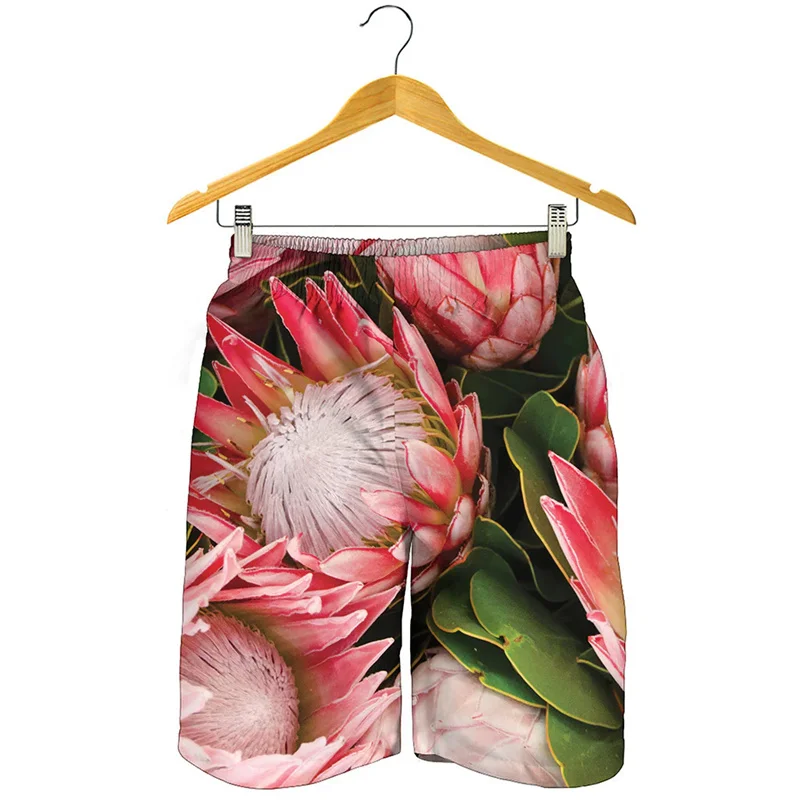 New In Protea Flower Graphic Beach Shorts For Men 3D Printed Floral Swimming Trunks Casual Street Summer Loose Short Pants