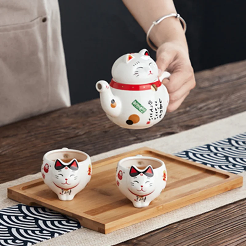 Cute Cat Teaware Series Sets Lucky Cat Tea Pot With 2 Tea Cups Sets Jingdezhen Porcelain Fortune Cat  Tea Service