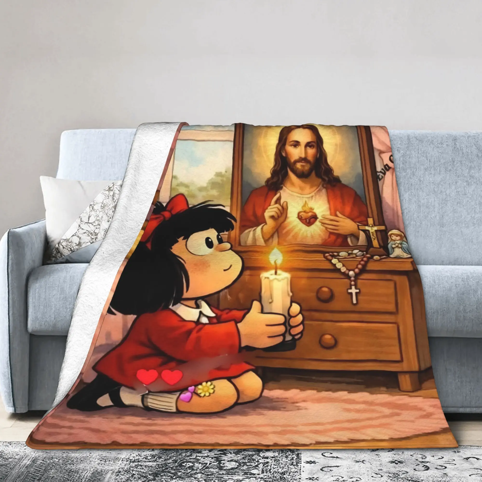 Mafaldas Jesus Prays Velvet Throw Blanket Anime Blankets for Sofa Office Lightweight Thin Quilt