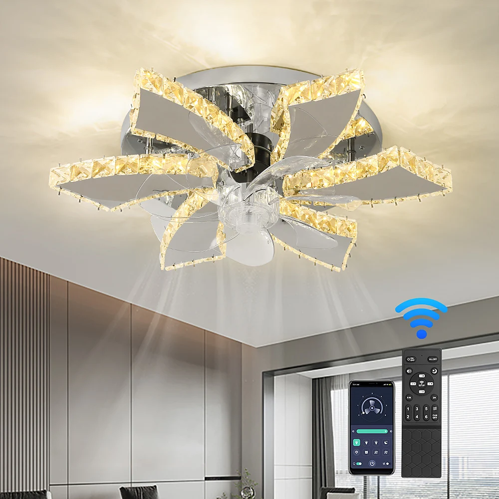 Led Luxury Crystal Ceiling Fan With Lights Remote Control Ceiling Fan Silver European Chandeilers Lamp for Home Livingroom Lumin