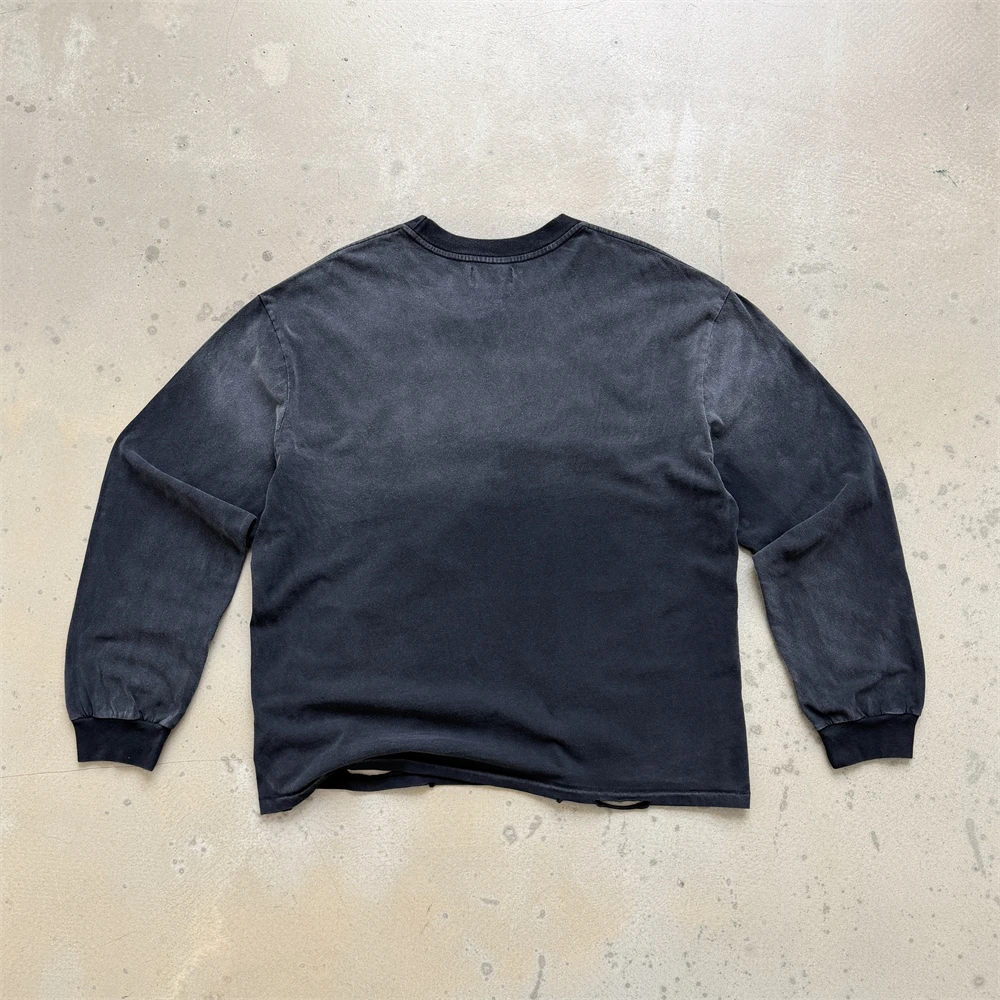 Black Nice Washed SATOSHI NAKAMOTO Hole T Shirt Men Women High Quality Long Sleeves Tee Tops T-Shirt