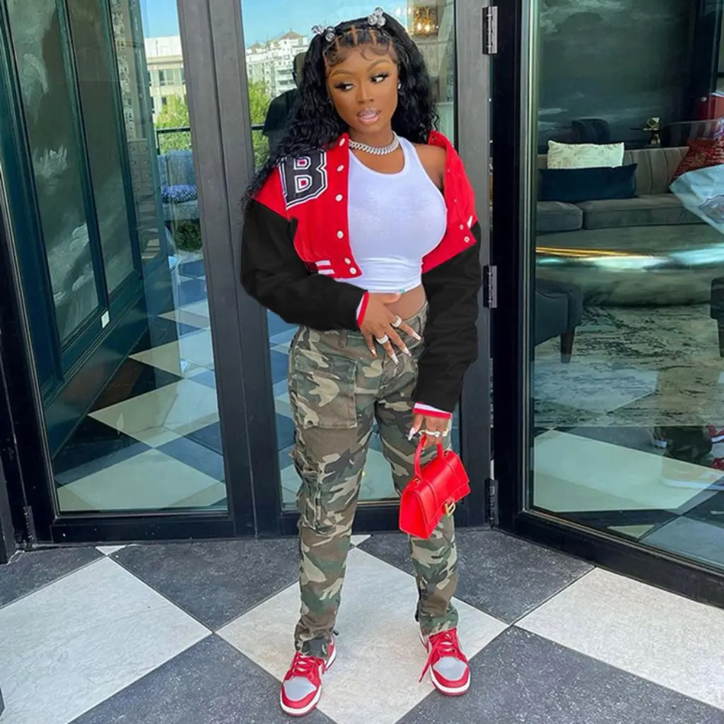 

JH5953 Women's Fashion Casual Short Coat Printed Autumn Winter Independent Station Supply Contrast Color Jacket