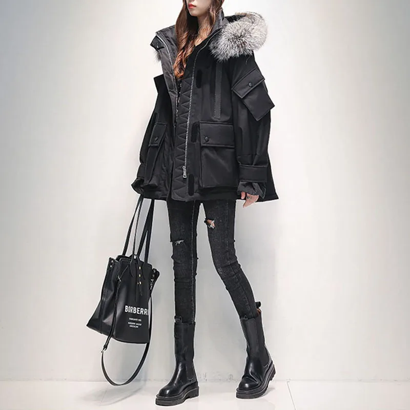 Women 2023 Winter Fashion Korean Loose Hooded Overcoats Female Big Fox Fur Collar Jackets Ladies 90% White Duck Down Hooded Coat