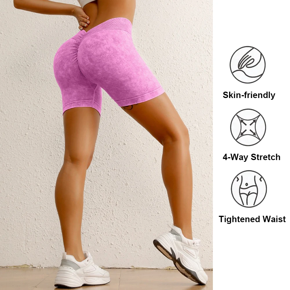 Seamless High Stretch Sports Shorts Women V-shaped Hip Gym Cycling Elastic Tights Sand Washed Denim Yoga Shorts