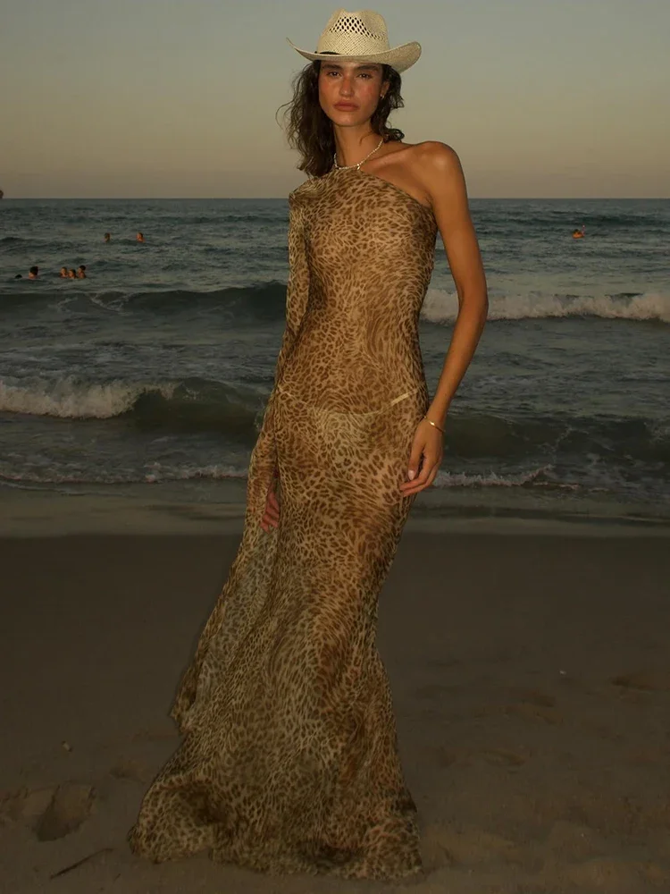 

One Shoulder Leopard Print Maxi Dress Women Inclined Shoulder Backless Beach Holiday Vacation Club Sexy Long Dress vintage dress