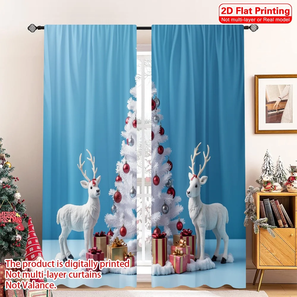 

2pcs 2D flat printing Merry Christmas Curtain White Deer Christmas Gift Fabric Without Electricity Party & Holiday Decor Perfect