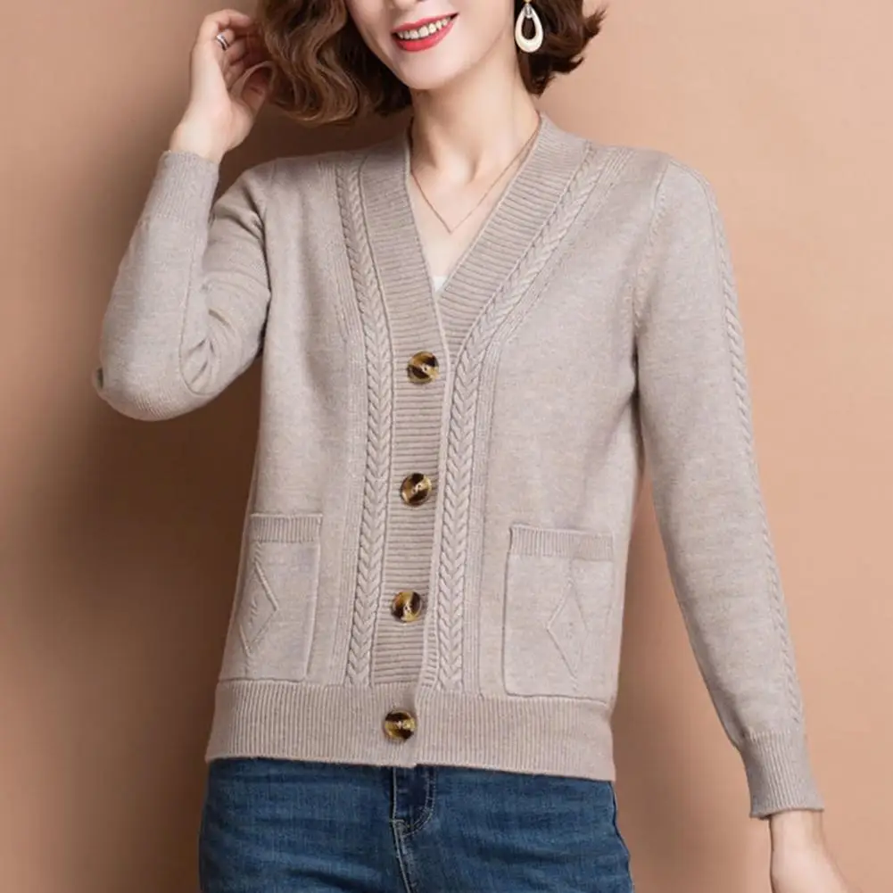 

Women Solid Color Cardigan Chic Middle-age Women's Knitted Cardigans V-neck Button Closure Solid Color Long Sleeves for Spring