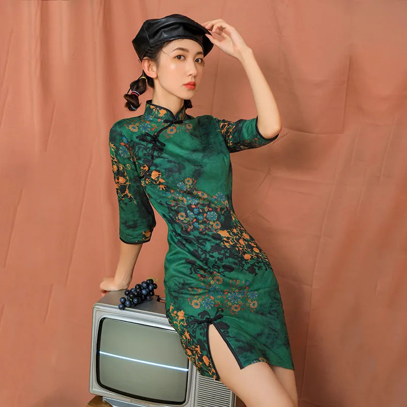 Sexy New Brocade Satin Short Fork Cheongsam Chinese Classic Women's Qipao Elegant Short Sleeve Novelty Wedding Evening Dress